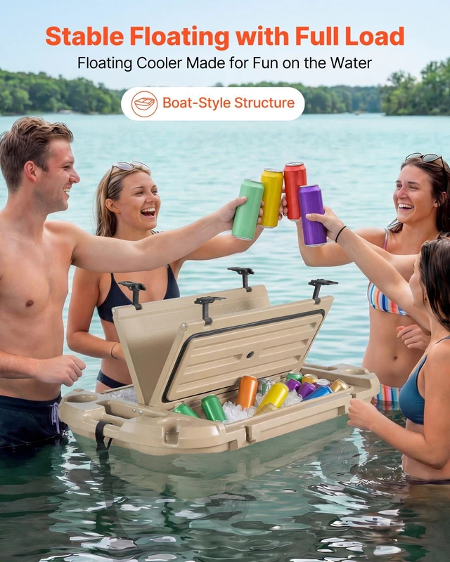 Alt view image 2 of 8 - VEVOR Floating Cooler, 40 QT Floating Ice Chest with Dry Storage, Wheels & Tow Rope, Premium LLDPE Amphibious Drink Cooler for Water & Land, Stable Cruiser on Lake, River, Pool, Beach, Kayak, Apricot