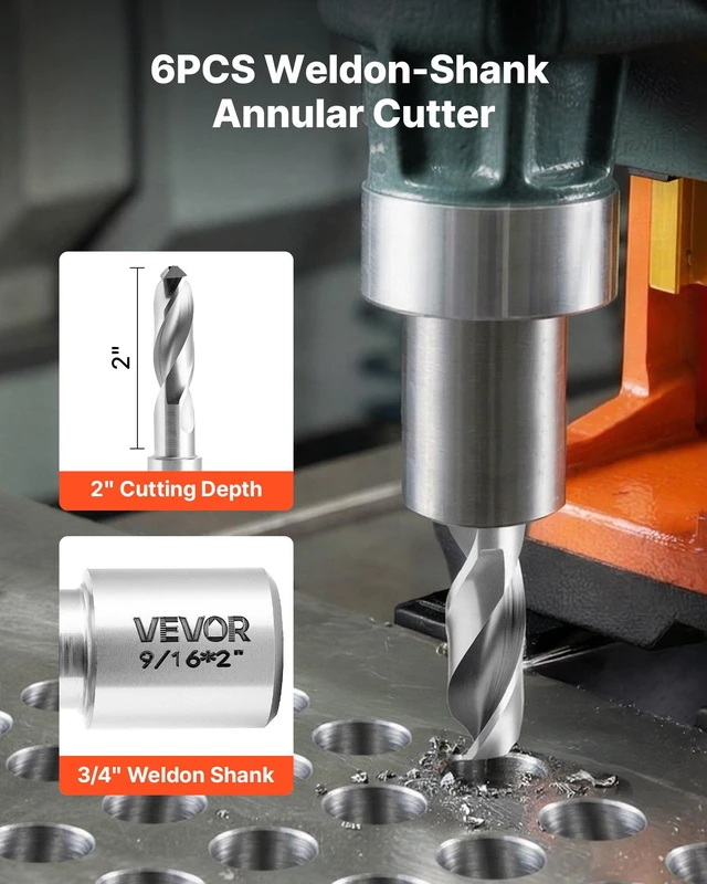 Alt view image 3 of 8 - VEVOR Annular Cutter Set, 6 pcs Weldon Shank Mag Drill Bits Kit, 2" Cutting Depth,1/4" to 9/16" Cutting Diameter, HSS, 6 Drill Bits with Plastic Case, for Magnetic Drills, Steel, Aluminum, Copper