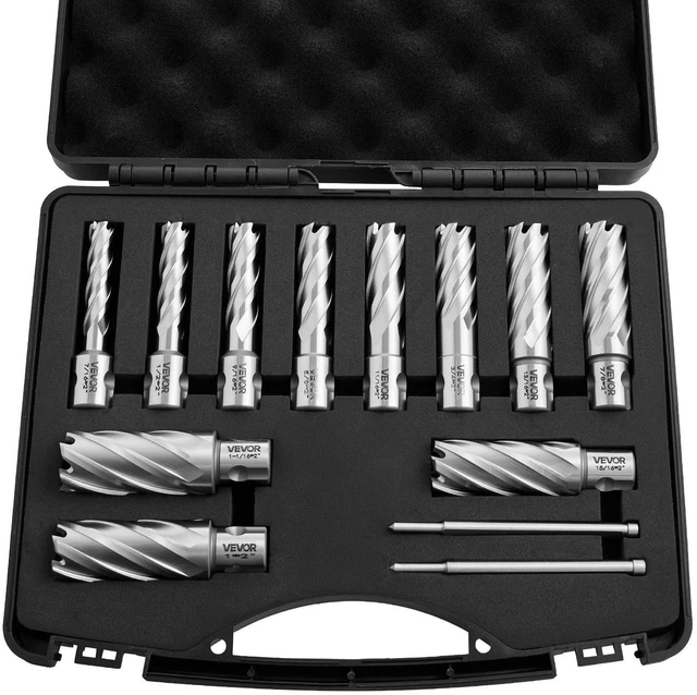 Main image of VEVOR Annular Cutter Set, 13 pcs Universal Shank Mag Drill Bits Kit, 2" Cutting Depth, 7/16" to 1-1/16" Cutting Diameter, HSS, 11 Drill Bits with 2 Pilot Pins, Plastic Case, for Magnetic Drills, Steel