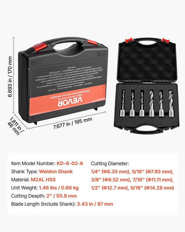 Alt view image 7 of 8 - VEVOR Annular Cutter Set, 6 pcs Weldon Shank Mag Drill Bits Kit, 2" Cutting Depth,1/4" to 9/16" Cutting Diameter, HSS, 6 Drill Bits with Plastic Case, for Magnetic Drills, Steel, Aluminum, Copper