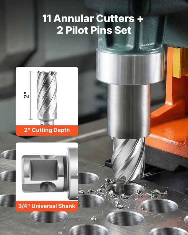 Alt view image 3 of 8 - VEVOR Annular Cutter Set, 13 pcs Universal Shank Mag Drill Bits Kit, 2" Cutting Depth, 7/16" to 1-1/16" Cutting Diameter, HSS, 11 Drill Bits with 2 Pilot Pins, Plastic Case, for Magnetic Drills, Steel