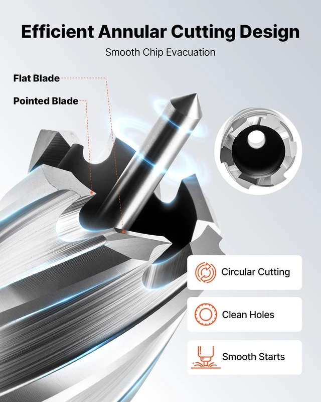 Alt view image 4 of 8 - VEVOR Annular Cutter Set, 13 pcs Universal Shank Mag Drill Bits Kit, 2" Cutting Depth, 7/16" to 1-1/16" Cutting Diameter, HSS, 11 Drill Bits with 2 Pilot Pins, Plastic Case, for Magnetic Drills, Steel