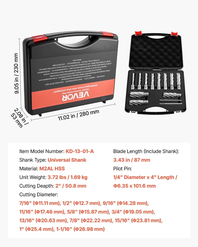 Alt view image 7 of 8 - VEVOR Annular Cutter Set, 13 pcs Universal Shank Mag Drill Bits Kit, 2" Cutting Depth, 7/16" to 1-1/16" Cutting Diameter, HSS, 11 Drill Bits with 2 Pilot Pins, Plastic Case, for Magnetic Drills, Steel