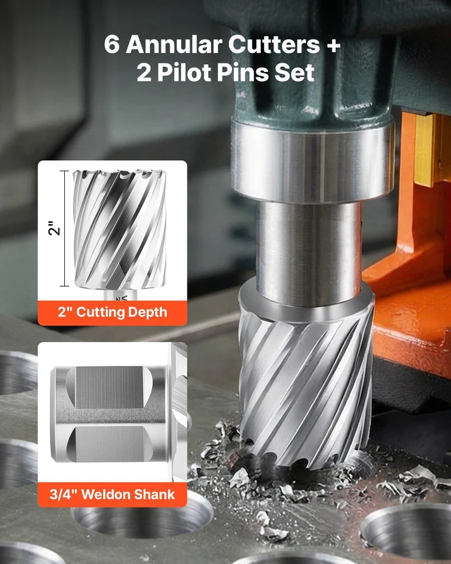 Alt view image 3 of 8 - VEVOR Annular Cutter Set, 8 pcs Weldon Shank Mag Drill Bits Kit, 2" Cutting Depth, 7/8" to 2" Cutting Diameter, HSS, 6 Drill Bits with 2 Pilot Pins, Plastic Case, for Magnetic Drills, Steel, Aluminum