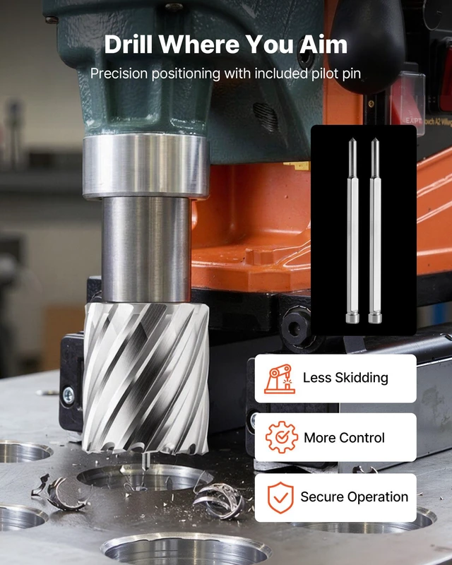 Alt view image 5 of 8 - VEVOR Annular Cutter Set, 8 pcs Weldon Shank Mag Drill Bits Kit, 2" Cutting Depth, 7/8" to 2" Cutting Diameter, HSS, 6 Drill Bits with 2 Pilot Pins, Plastic Case, for Magnetic Drills, Steel, Aluminum