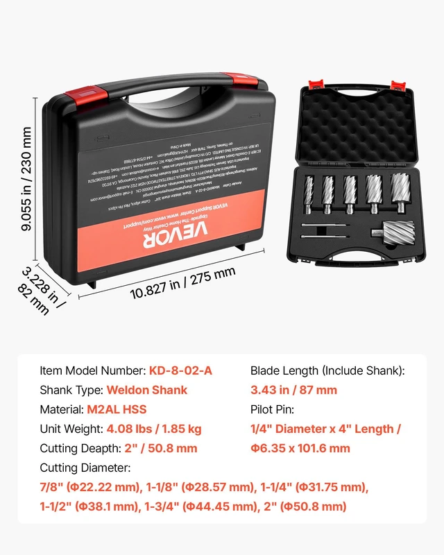 Alt view image 7 of 8 - VEVOR Annular Cutter Set, 8 pcs Weldon Shank Mag Drill Bits Kit, 2" Cutting Depth, 7/8" to 2" Cutting Diameter, HSS, 6 Drill Bits with 2 Pilot Pins, Plastic Case, for Magnetic Drills, Steel, Aluminum