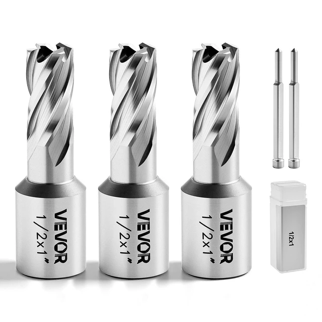 Main image of VEVOR Annular Cutter Set, 5 pcs Weldon Shank Mag Drill Bits Kit, 1" Cutting Depth, 1/2" Cutting Diameter, HSS, 3 Drill Bits with 2 Pilot Pins and 3 Plastic Cases, for Magnetic Drills, Steel, Aluminum