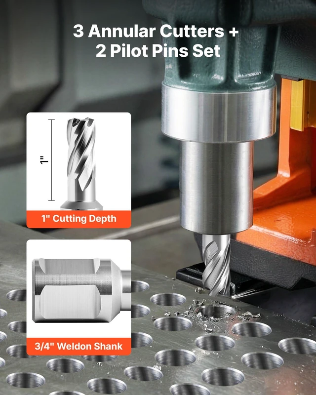 Alt view image 3 of 8 - VEVOR Annular Cutter Set, 5 pcs Weldon Shank Mag Drill Bits Kit, 1" Cutting Depth, 1/2" Cutting Diameter, HSS, 3 Drill Bits with 2 Pilot Pins and 3 Plastic Cases, for Magnetic Drills, Steel, Aluminum