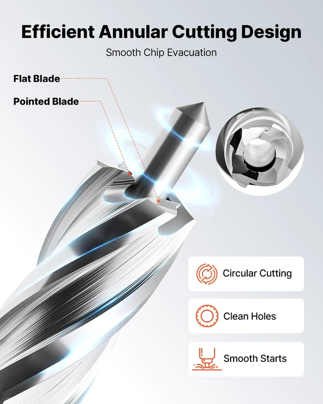 Alt view image 4 of 8 - VEVOR Annular Cutter Set, 5 pcs Weldon Shank Mag Drill Bits Kit, 1" Cutting Depth, 1/2" Cutting Diameter, HSS, 3 Drill Bits with 2 Pilot Pins and 3 Plastic Cases, for Magnetic Drills, Steel, Aluminum