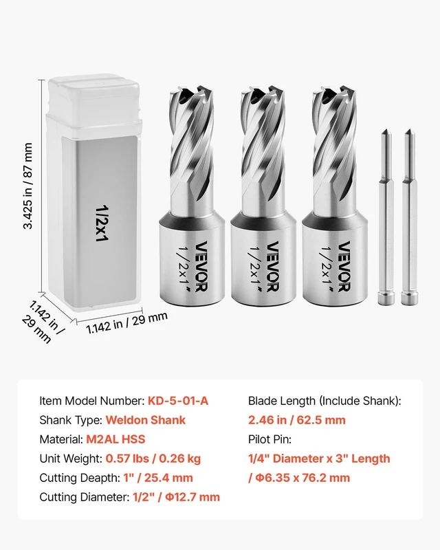 Alt view image 7 of 8 - VEVOR Annular Cutter Set, 5 pcs Weldon Shank Mag Drill Bits Kit, 1" Cutting Depth, 1/2" Cutting Diameter, HSS, 3 Drill Bits with 2 Pilot Pins and 3 Plastic Cases, for Magnetic Drills, Steel, Aluminum