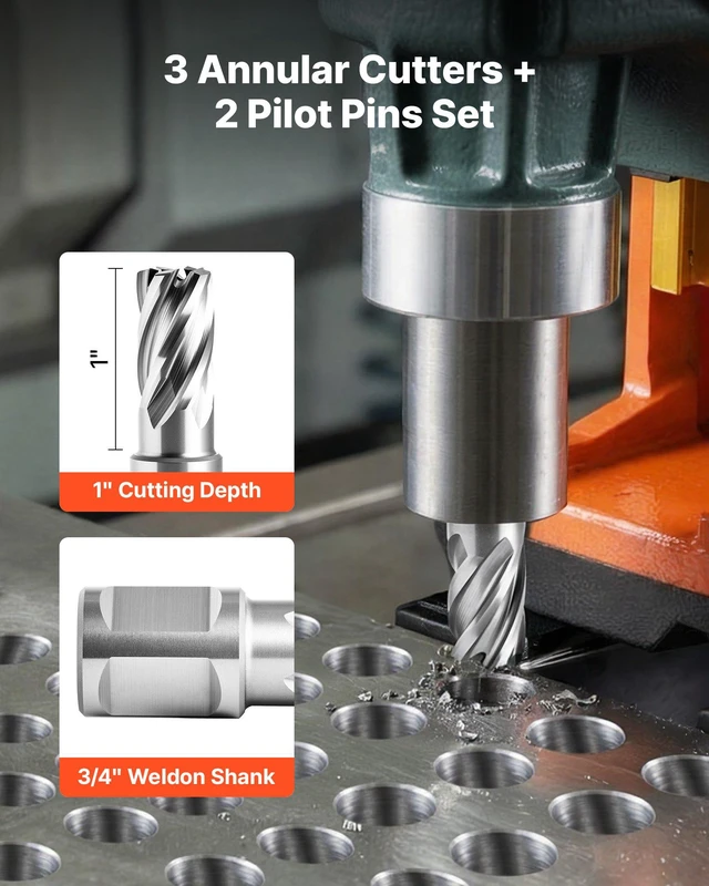 Alt view image 3 of 8 - VEVOR Annular Cutter Set, 5 pcs Weldon Shank Mag Drill Bits Kit, 1" Cutting Depth, 1/2", 5/8", 1" Cutting Diameter, HSS, 3 Drill Bits with 2 Pilot Pins and 3 Plastic Cases, for Magnetic Drills, Steel