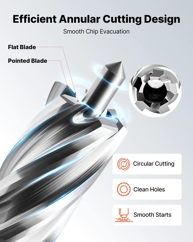 Alt view image 4 of 8 - VEVOR Annular Cutter Set, 5 pcs Weldon Shank Mag Drill Bits Kit, 1" Cutting Depth, 1/2", 5/8", 1" Cutting Diameter, HSS, 3 Drill Bits with 2 Pilot Pins and 3 Plastic Cases, for Magnetic Drills, Steel