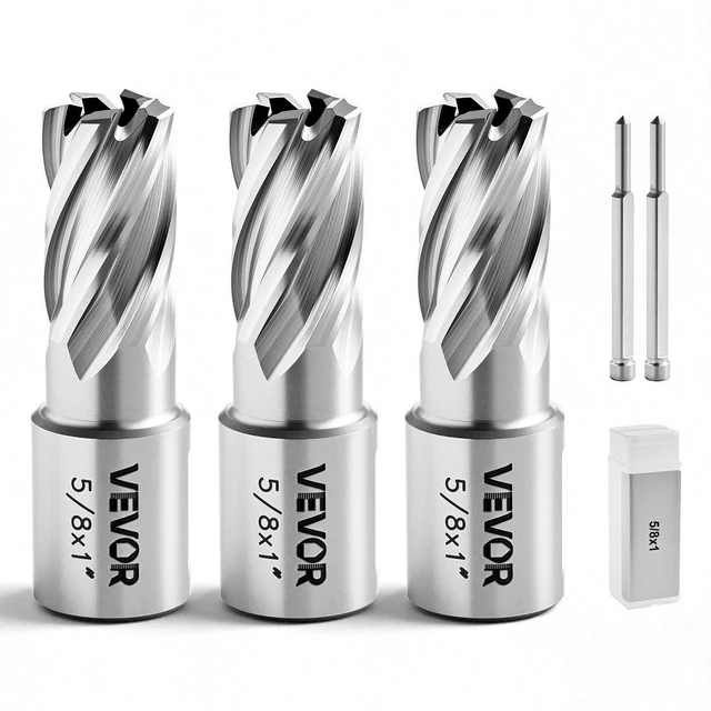 Main image of VEVOR Annular Cutter Set, 5 pcs Weldon Shank Mag Drill Bits Kit, 1" Cutting Depth, 5/8" Cutting Diameter, HSS, 3 Drill Bits with 2 Pilot Pins and 3 Plastic Cases, for Magnetic Drills, Steel, Aluminum