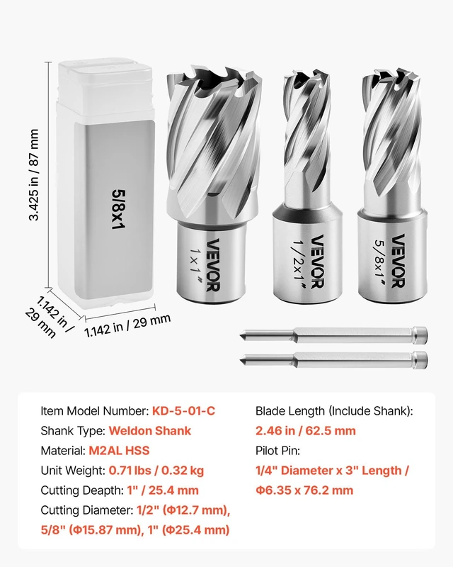 Alt view image 7 of 8 - VEVOR Annular Cutter Set, 5 pcs Weldon Shank Mag Drill Bits Kit, 1" Cutting Depth, 1/2", 5/8", 1" Cutting Diameter, HSS, 3 Drill Bits with 2 Pilot Pins and 3 Plastic Cases, for Magnetic Drills, Steel