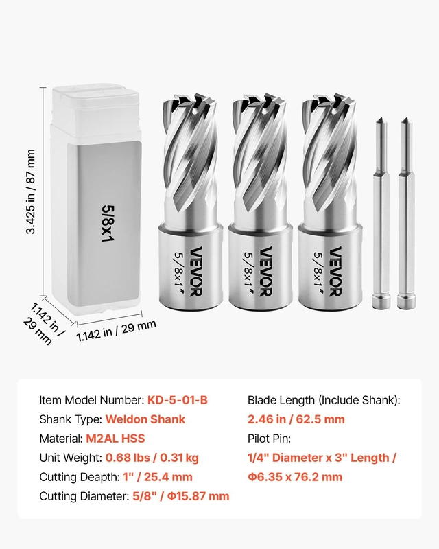 Alt view image 7 of 8 - VEVOR Annular Cutter Set, 5 pcs Weldon Shank Mag Drill Bits Kit, 1" Cutting Depth, 5/8" Cutting Diameter, HSS, 3 Drill Bits with 2 Pilot Pins and 3 Plastic Cases, for Magnetic Drills, Steel, Aluminum
