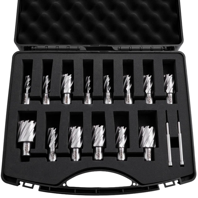 Main image of VEVOR Annular Cutter Set, 16 pcs Weldon Shank Mag Drill Bits Kit, 1" Cutting Depth, 7/16" to 1-3/8" Cutting Diameter, HSS, 14 Drill Bits with 2 Pilot Pins, Plastic Case, for Magnetic Drills, Steel