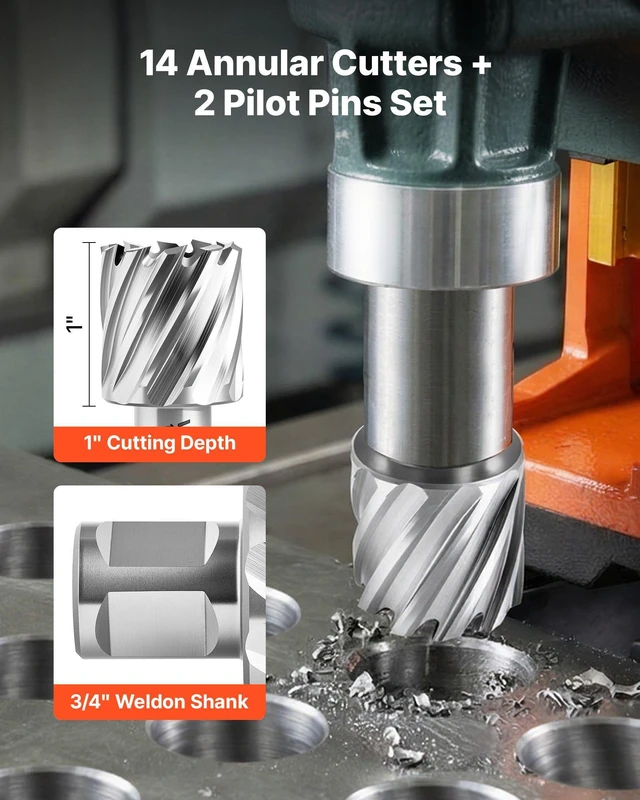 Alt view image 3 of 8 - VEVOR Annular Cutter Set, 16 pcs Weldon Shank Mag Drill Bits Kit, 1" Cutting Depth, 7/16" to 1-3/8" Cutting Diameter, HSS, 14 Drill Bits with 2 Pilot Pins, Plastic Case, for Magnetic Drills, Steel