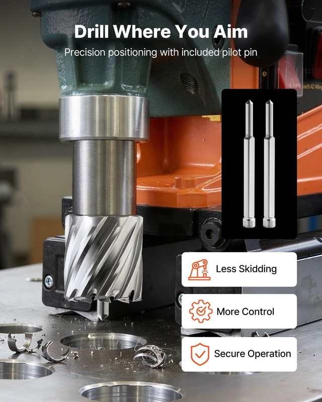 Alt view image 5 of 8 - VEVOR Annular Cutter Set, 16 pcs Weldon Shank Mag Drill Bits Kit, 1" Cutting Depth, 7/16" to 1-3/8" Cutting Diameter, HSS, 14 Drill Bits with 2 Pilot Pins, Plastic Case, for Magnetic Drills, Steel