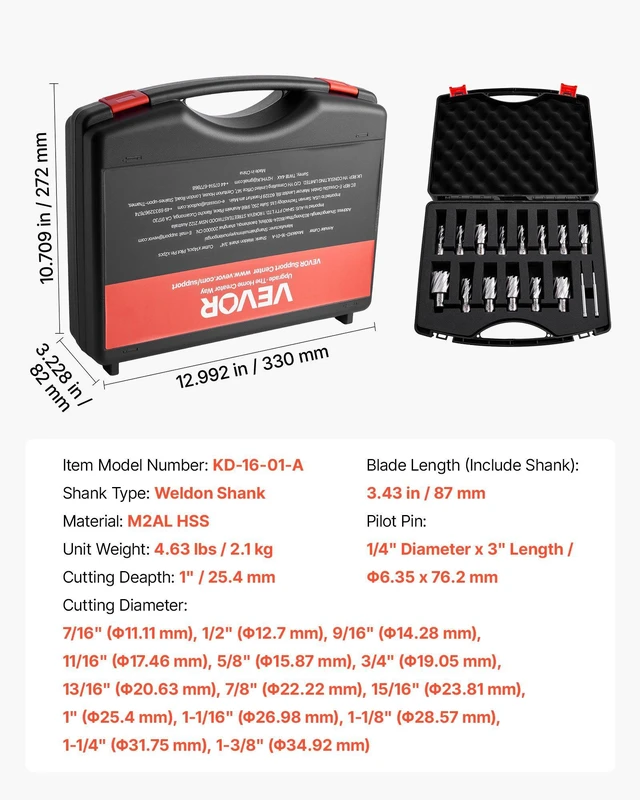 Alt view image 7 of 8 - VEVOR Annular Cutter Set, 16 pcs Weldon Shank Mag Drill Bits Kit, 1" Cutting Depth, 7/16" to 1-3/8" Cutting Diameter, HSS, 14 Drill Bits with 2 Pilot Pins, Plastic Case, for Magnetic Drills, Steel