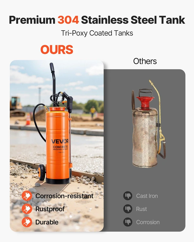Alt view image 2 of 8 - VEVOR Industrial Sprayer, 4.5 Gallons Large Capacity, Stainless Steel Concrete Sprayer with Ergonomic Handle & Removable Cart, 48" & 120" Hose, Concrete Sealer Sprayers for Form Oils Construction