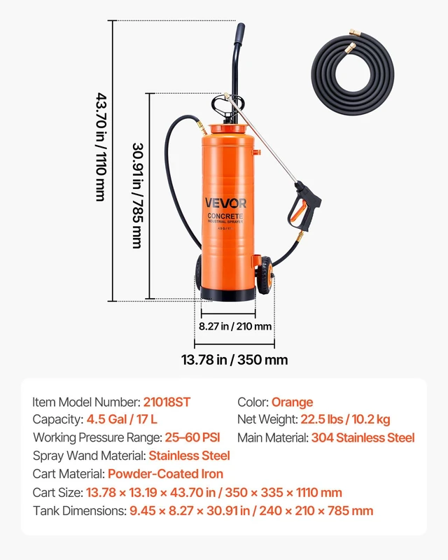 Alt view image 7 of 8 - VEVOR Industrial Sprayer, 4.5 Gallons Large Capacity, Stainless Steel Concrete Sprayer with Ergonomic Handle & Removable Cart, 48" & 120" Hose, Concrete Sealer Sprayers for Form Oils Construction