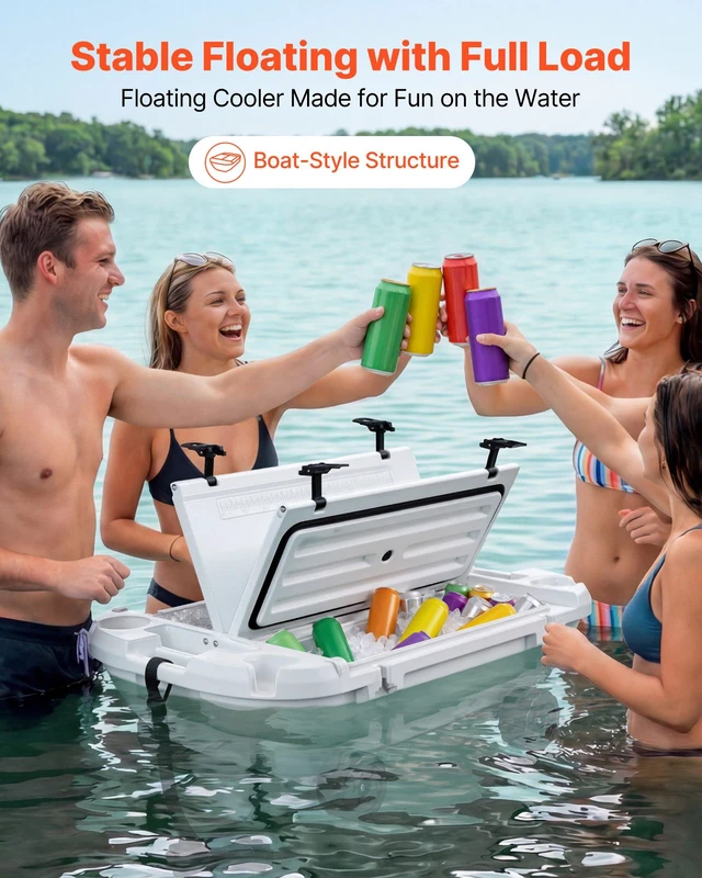 Alt view image 2 of 8 - VEVOR Floating Cooler, 40 QT Floating Ice Chest with Dry Storage, Wheels & Tow Rope, Premium LLDPE Amphibious Drink Cooler for Water & Land, Cruise Stable on Lake, River, Pool, Beach, Kayak, White