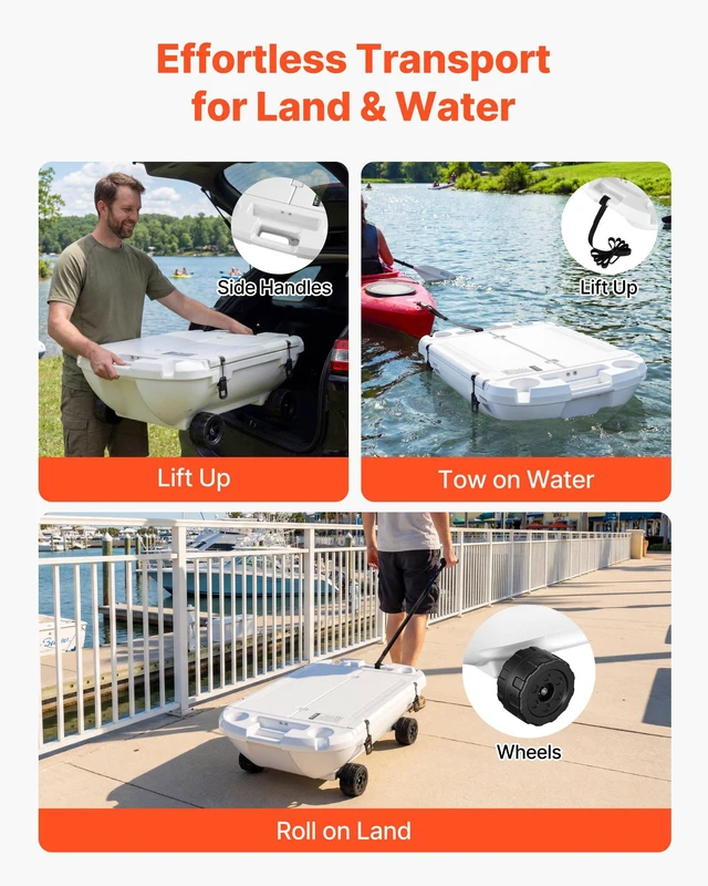Alt view image 6 of 8 - VEVOR Floating Cooler, 40 QT Floating Ice Chest with Dry Storage, Wheels & Tow Rope, Premium LLDPE Amphibious Drink Cooler for Water & Land, Cruise Stable on Lake, River, Pool, Beach, Kayak, White