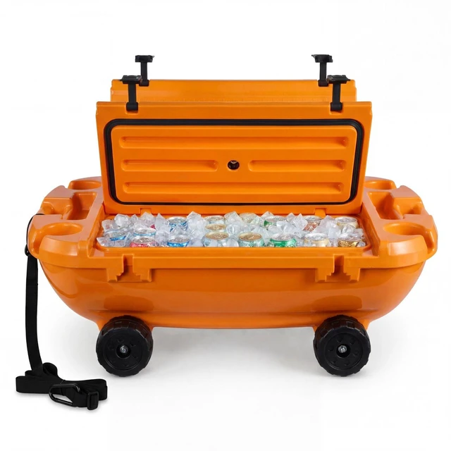 Main image of VEVOR Floating Cooler, 40 QT Floating Ice Chest with Dry Storage, Wheels & Tow Rope, Premium LLDPE Amphibious Drink Cooler for Water & Land, Cruise Stable on Lake, River, Pool, Beach, Kayak, Orange