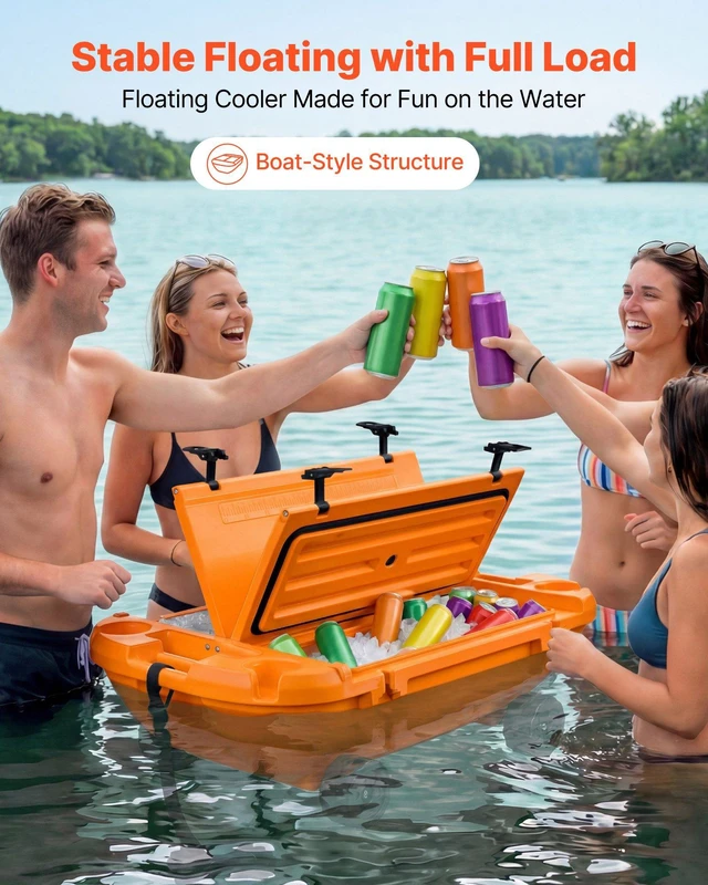 Alt view image 2 of 8 - VEVOR Floating Cooler, 40 QT Floating Ice Chest with Dry Storage, Wheels & Tow Rope, Premium LLDPE Amphibious Drink Cooler for Water & Land, Cruise Stable on Lake, River, Pool, Beach, Kayak, Orange