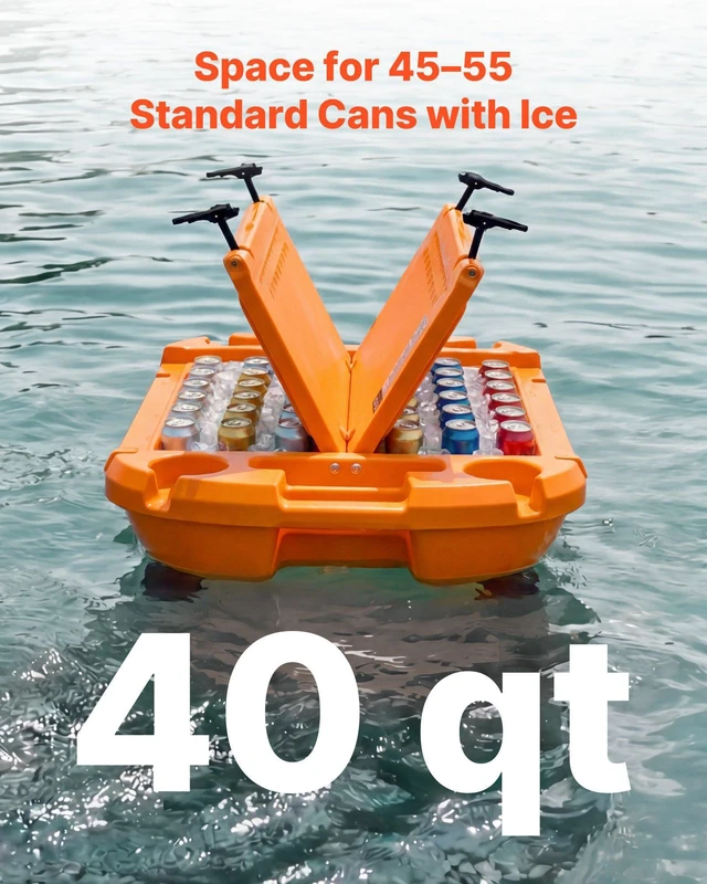 Alt view image 4 of 8 - VEVOR Floating Cooler, 40 QT Floating Ice Chest with Dry Storage, Wheels & Tow Rope, Premium LLDPE Amphibious Drink Cooler for Water & Land, Cruise Stable on Lake, River, Pool, Beach, Kayak, Orange