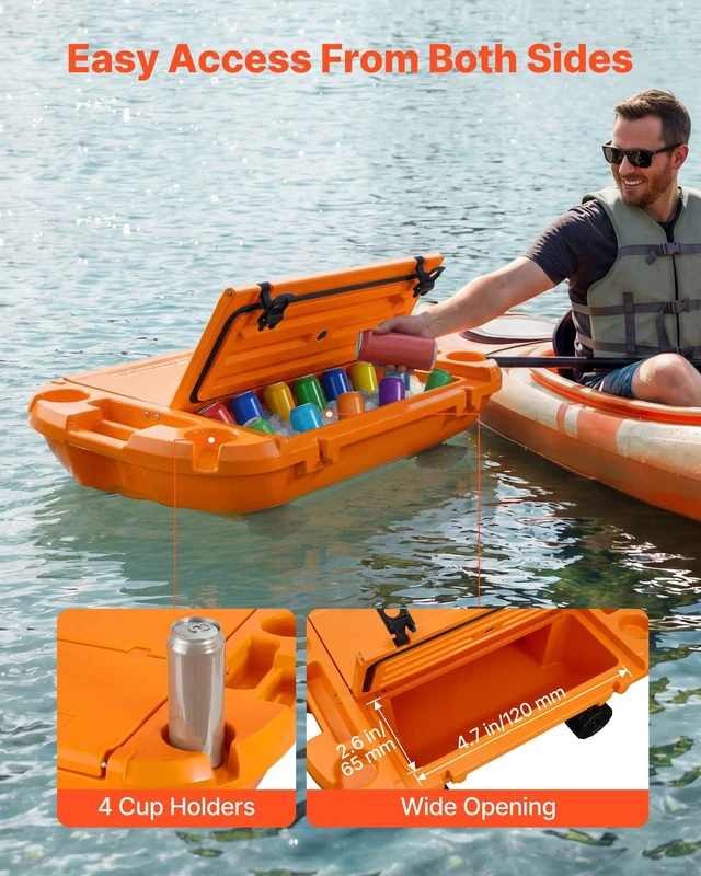 Alt view image 5 of 8 - VEVOR Floating Cooler, 40 QT Floating Ice Chest with Dry Storage, Wheels & Tow Rope, Premium LLDPE Amphibious Drink Cooler for Water & Land, Cruise Stable on Lake, River, Pool, Beach, Kayak, Orange