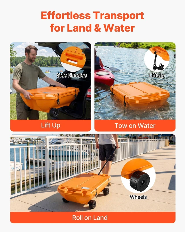 Alt view image 6 of 8 - VEVOR Floating Cooler, 40 QT Floating Ice Chest with Dry Storage, Wheels & Tow Rope, Premium LLDPE Amphibious Drink Cooler for Water & Land, Cruise Stable on Lake, River, Pool, Beach, Kayak, Orange