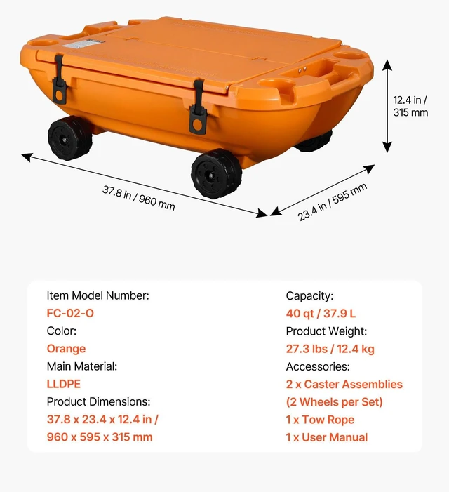 Alt view image 7 of 8 - VEVOR Floating Cooler, 40 QT Floating Ice Chest with Dry Storage, Wheels & Tow Rope, Premium LLDPE Amphibious Drink Cooler for Water & Land, Cruise Stable on Lake, River, Pool, Beach, Kayak, Orange
