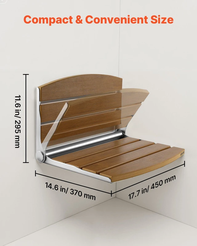 Alt view image 2 of 8 - VEVOR Foldable Shower Seat Wall Mounted, 17.7" Folding Shower Bench with Supportive Backrest, Fold-Down Bathroom Corridor Seat with Stainless Steel Frame for Adults Seniors, 400LBS Loading
