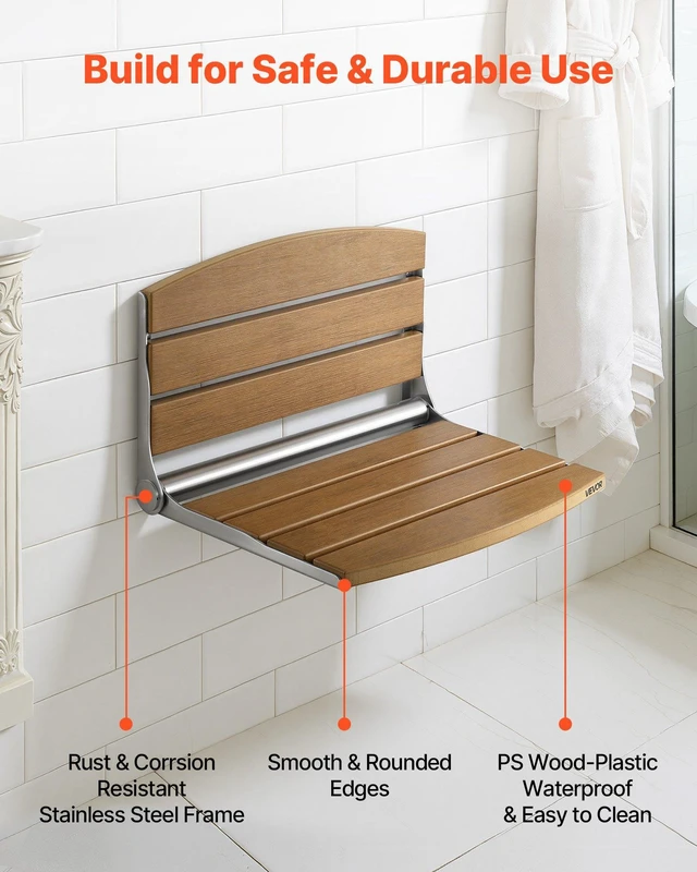 Alt view image 3 of 8 - VEVOR Foldable Shower Seat Wall Mounted, 17.7" Folding Shower Bench with Supportive Backrest, Fold-Down Bathroom Corridor Seat with Stainless Steel Frame for Adults Seniors, 400LBS Loading