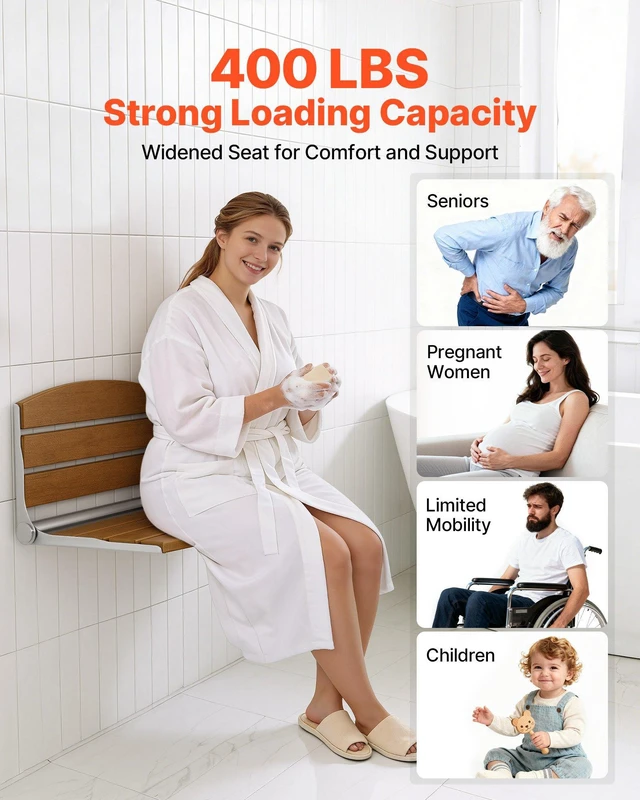 Alt view image 4 of 8 - VEVOR Foldable Shower Seat Wall Mounted, 17.7" Folding Shower Bench with Supportive Backrest, Fold-Down Bathroom Corridor Seat with Stainless Steel Frame for Adults Seniors, 400LBS Loading