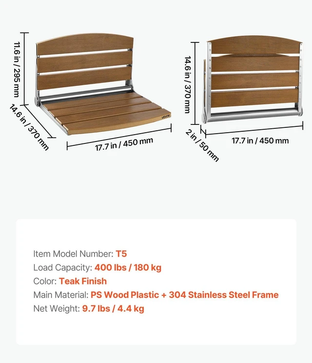 Alt view image 7 of 8 - VEVOR Foldable Shower Seat Wall Mounted, 17.7" Folding Shower Bench with Supportive Backrest, Fold-Down Bathroom Corridor Seat with Stainless Steel Frame for Adults Seniors, 400LBS Loading