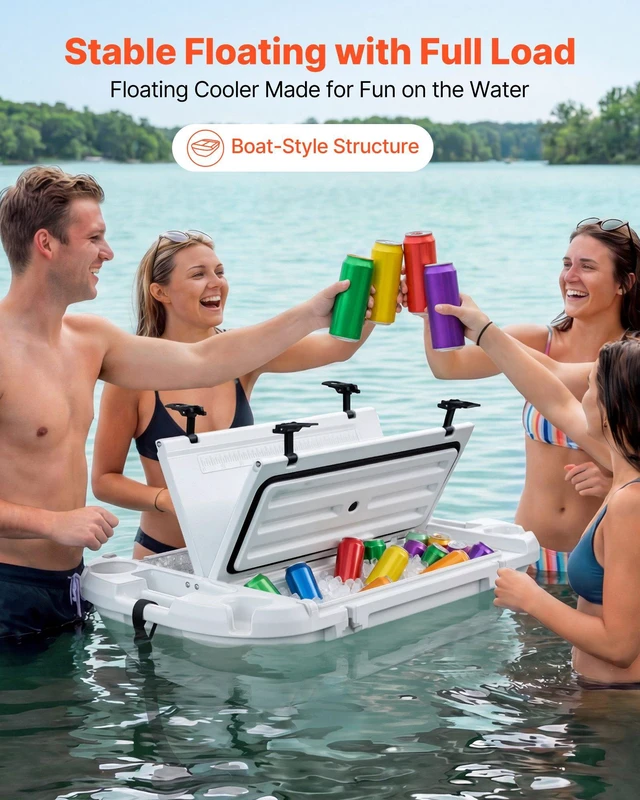Alt view image 2 of 8 - VEVOR Floating Cooler, 40 QT Floating Ice Chest with Dry Storage & Tow Rope, Premium LLDPE Amphibious Drink Cooler for Water & Land, Cruise Smoothly Stable on Lake, River, Pool, Beach, Kayak, White
