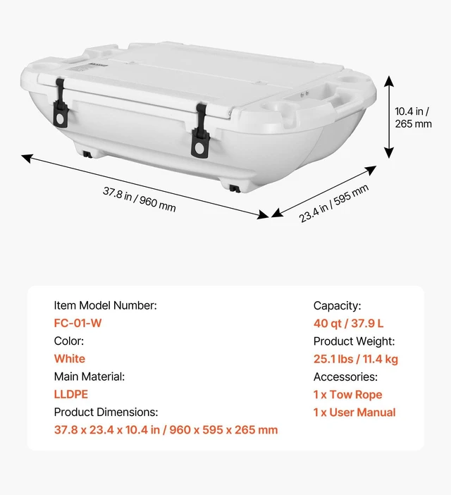 Alt view image 7 of 8 - VEVOR Floating Cooler, 40 QT Floating Ice Chest with Dry Storage & Tow Rope, Premium LLDPE Amphibious Drink Cooler for Water & Land, Cruise Smoothly Stable on Lake, River, Pool, Beach, Kayak, White
