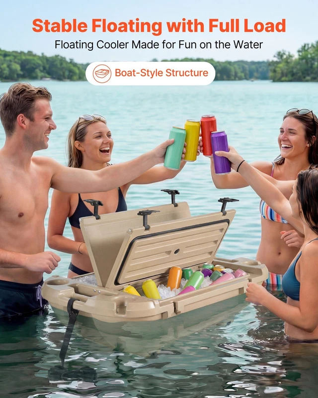 Alt view image 2 of 8 - VEVOR Floating Cooler, 40 QT Floating Ice Chest with Dry Storage & Tow Rope, Premium LLDPE Amphibious Drink Cooler for Water & Land, Cruise Smoothly Stable on Lake, River, Pool, Beach, Kayak, Apricot