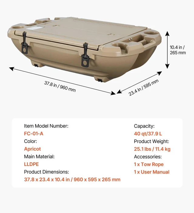 Alt view image 7 of 8 - VEVOR Floating Cooler, 40 QT Floating Ice Chest with Dry Storage & Tow Rope, Premium LLDPE Amphibious Drink Cooler for Water & Land, Cruise Smoothly Stable on Lake, River, Pool, Beach, Kayak, Apricot