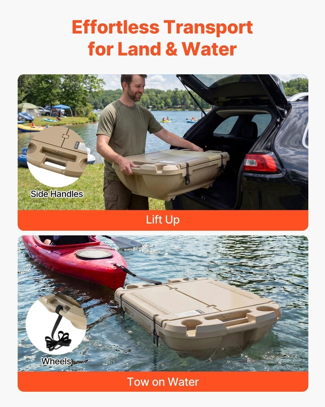 Alt view image 6 of 8 - VEVOR Floating Cooler, 40 QT Floating Ice Chest with Dry Storage & Tow Rope, Premium LLDPE Amphibious Drink Cooler for Water & Land, Cruise Smoothly Stable on Lake, River, Pool, Beach, Kayak, Apricot