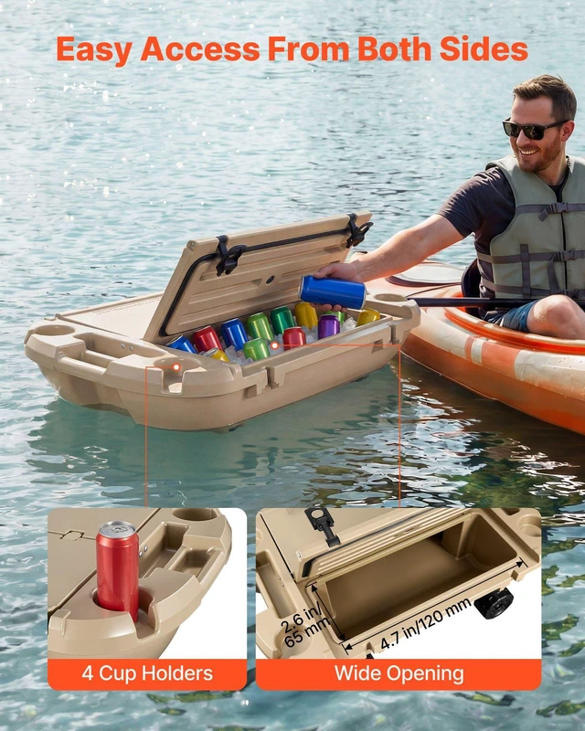 Alt view image 5 of 8 - VEVOR Floating Cooler, 40 QT Floating Ice Chest with Dry Storage & Tow Rope, Premium LLDPE Amphibious Drink Cooler for Water & Land, Cruise Smoothly Stable on Lake, River, Pool, Beach, Kayak, Apricot