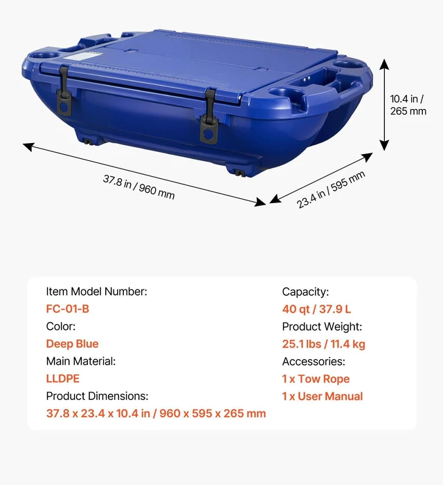 Alt view image 7 of 8 - VEVOR Floating Cooler, 40 QT Floating Ice Chest with Dry Storage & Tow Rope, Premium LLDPE Amphibious Drink Cooler for Water & Land, Smooth Stable Cruiser on Lake, River, Pool, Beach, Kayak, Deep Blue