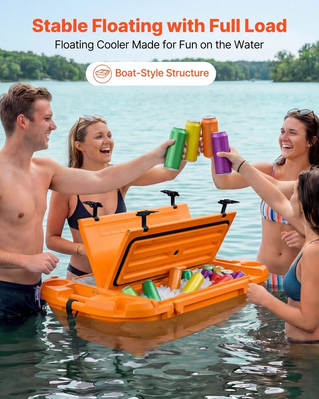 Alt view image 2 of 8 - VEVOR Floating Cooler, 40 QT Floating Ice Chest with Dry Storage & Tow Rope, Premium LLDPE Amphibious Drink Cooler for Water & Land, Cruise Smoothly Stable on Lake, River, Pool, Beach, Kayak, Orange