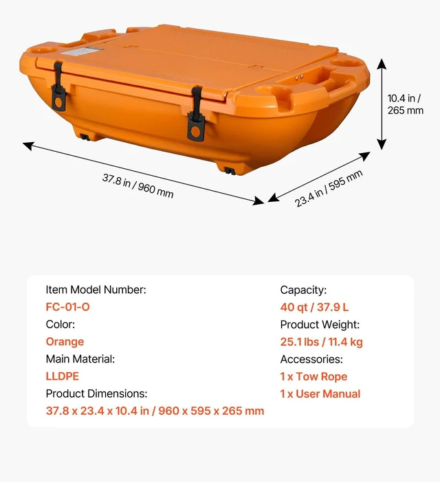 Alt view image 7 of 8 - VEVOR Floating Cooler, 40 QT Floating Ice Chest with Dry Storage & Tow Rope, Premium LLDPE Amphibious Drink Cooler for Water & Land, Cruise Smoothly Stable on Lake, River, Pool, Beach, Kayak, Orange