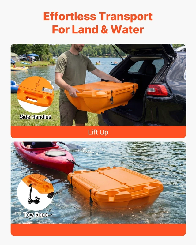 Alt view image 6 of 8 - VEVOR Floating Cooler, 40 QT Floating Ice Chest with Dry Storage & Tow Rope, Premium LLDPE Amphibious Drink Cooler for Water & Land, Cruise Smoothly Stable on Lake, River, Pool, Beach, Kayak, Orange