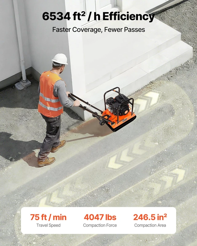 Alt view image 3 of 8 - VEVOR Plate Compactor, 6.5 HP 196CC Gas Engine, 5700 VPM Vibrating Ground Rammer, 4047 lbs Compaction Force, 21 x 16 in Plate, Walk Behind Compactor for Paver Landscaping, Asphalt, Foundation, Soil