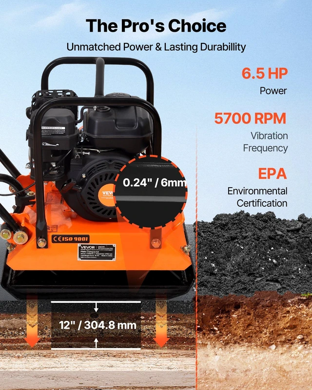 Alt view image 4 of 8 - VEVOR Plate Compactor, 6.5 HP 196CC Gas Engine, 5700 VPM Vibrating Ground Rammer, 4047 lbs Compaction Force, 21 x 16 in Plate, Walk Behind Compactor for Paver Landscaping, Asphalt, Foundation, Soil