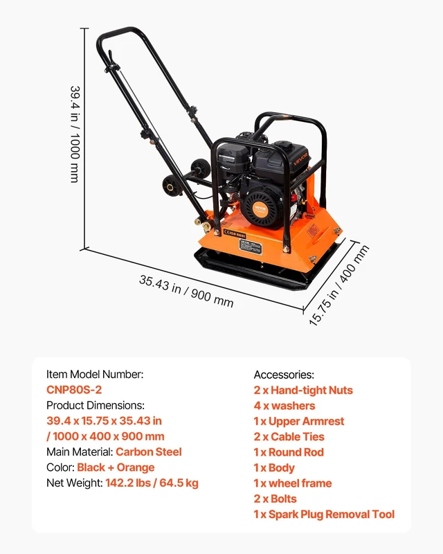 Alt view image 7 of 8 - VEVOR Plate Compactor, 6.5 HP 196CC Gas Engine, 5700 VPM Vibrating Ground Rammer, 4047 lbs Compaction Force, 21 x 16 in Plate, Walk Behind Compactor for Paver Landscaping, Asphalt, Foundation, Soil